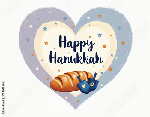 vector of a heart shape with stars and happy hanukkah words with a challah bread and dreidels on it