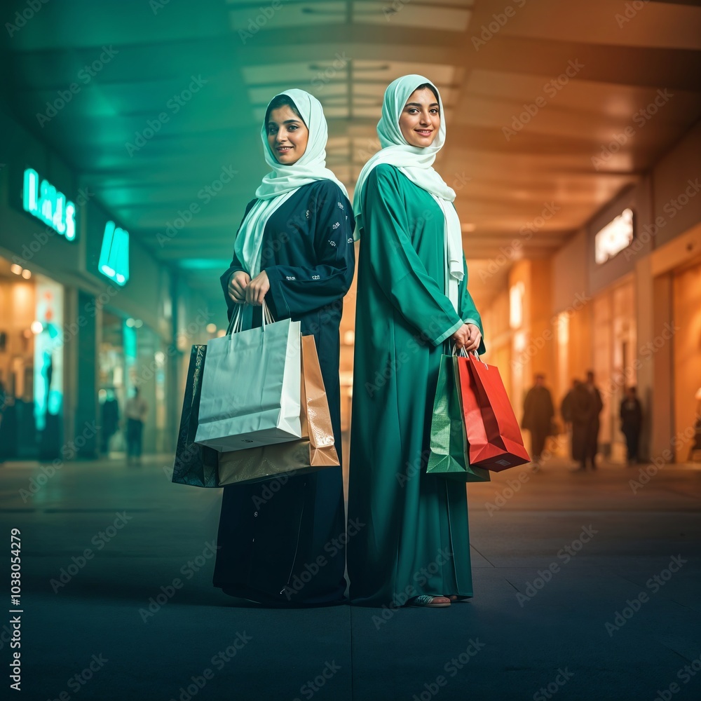 Fototapeta premium Two arab middle eastern Saudi women in hijab and traditional formal Abaya with shopping bags, on white isolated background, with different poses, expressions, hand and gestures 