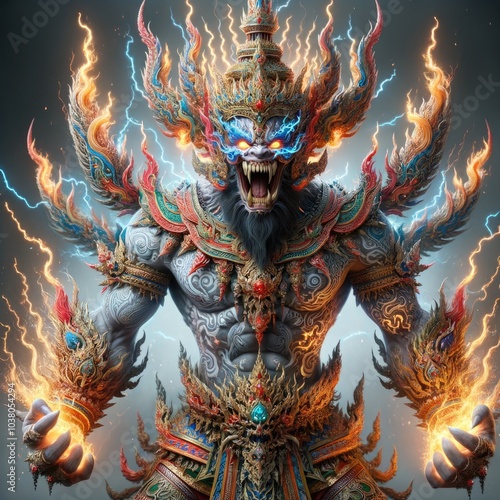 Wallpaper Mural Fierce Demon Warrior: A Majestic, Armored Mythical Fighter Radiating Power with Flaming Headdress and Lightning, Amidst a Chaotic Storm, Poised for a Devastating Strike Torontodigital.ca