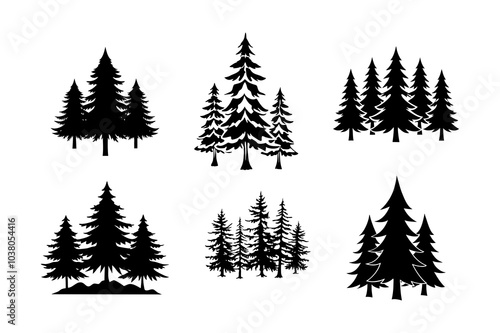 pine tree forest silhouette. pine tree landscape - Forest tree silhouettes collection