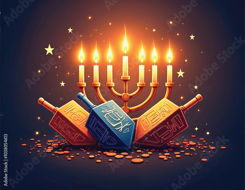 a vector of a menorah with glowing candle flames and dreidels with stars on a dark background