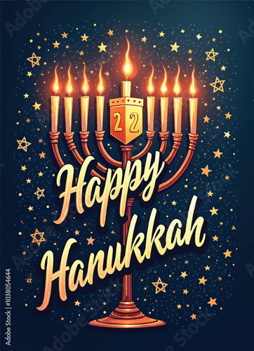 a poster with a menorah and glowing candle flames with stars and the words happy hanukkah on it