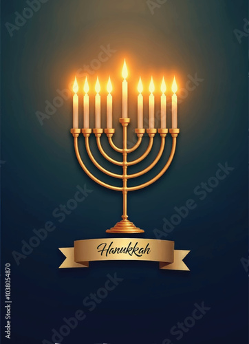 vector of a banner that says hanukkah with a golden menorah and glowing candle flames on it