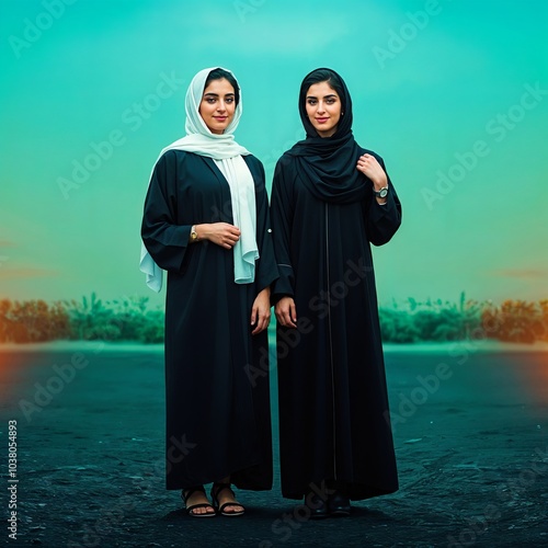 Two arab middle eastern Saudi women in hijab and traditional formal Abaya, on street isolated background, with different poses, expressions, hand and gestures