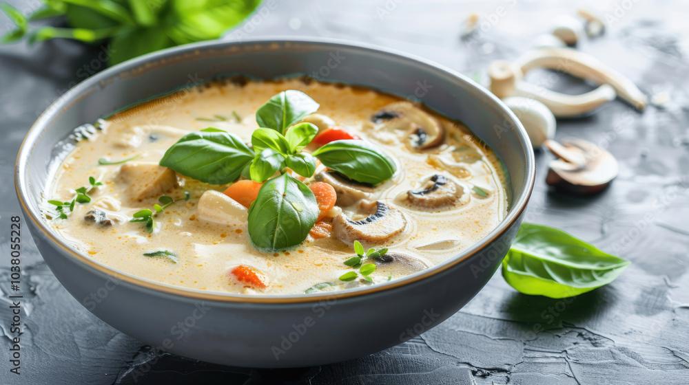 Creamy mushroom soup garnished with fresh basil, featuring vibrant vegetables, served in a gray bowl on a textured black surface. Creamy mushroom soup garnished with fresh basil, featuring vibrant vegetables, served in a gray bowl on a textured black surface.