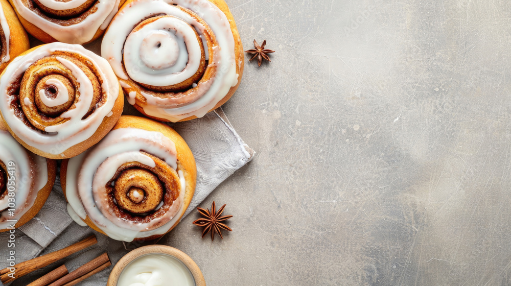 Delicious cinnamon rolls drizzled with icing, accompanied by cinnamon sticks and a small bowl of cream, set against a neutral background. Delicious cinnamon rolls drizzled with icing, accompanied by cinnamon sticks and a small bowl of cream, set against a neutral background.