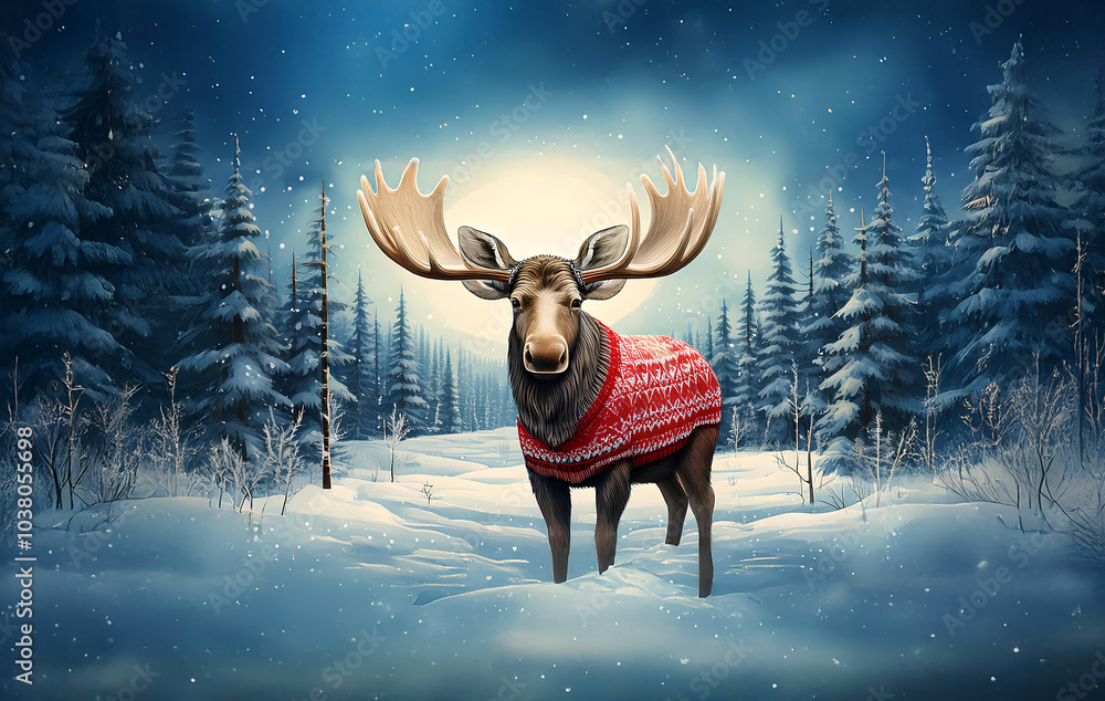A majestic moose wearing a cozy, knitted sweater in a snowy winter forest. A majestic moose wearing a cozy, knitted sweater in a snowy winter forest.