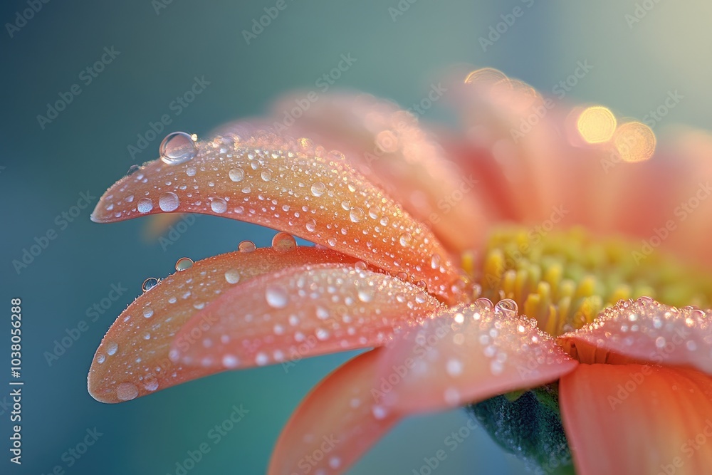 Fototapeta premium Peach gerbera daisy flower covered with tiny sparkling water droplets