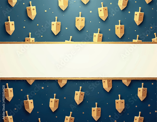 vector banner design with an empty white banner with gold outline and golden dreidels on background