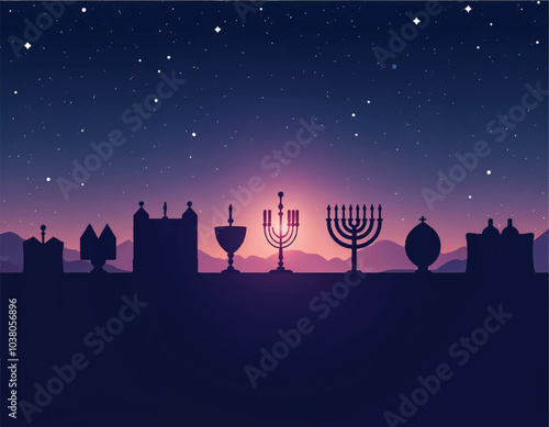 a vector silhouette of a menorah, challah, dreidels, and stars of david with city in the background