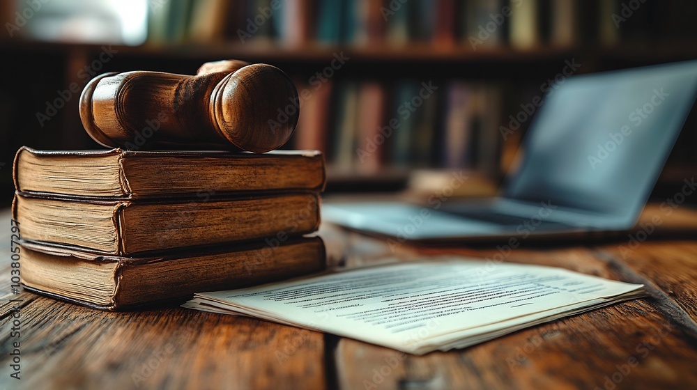 Office setting where a lawyer is discussing a lease agreement with a client surrounded by legal documents a laptop and a stack of contracts on the desk