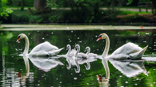 A family of swans gliding gracefully on a serene lake.
