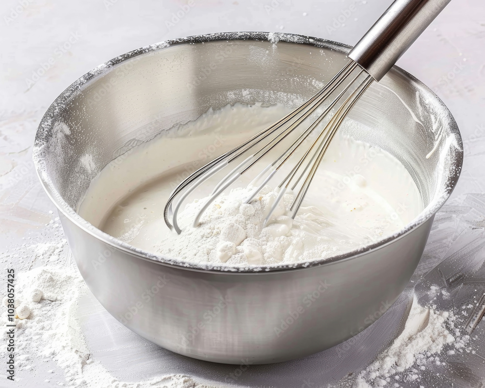 A shiny metal bowl filled with a creamy white mixture, stirred by a whisk, surrounded by flour on a countertop. A shiny metal bowl filled with a creamy white mixture, stirred by a whisk, surrounded by flour on a countertop.