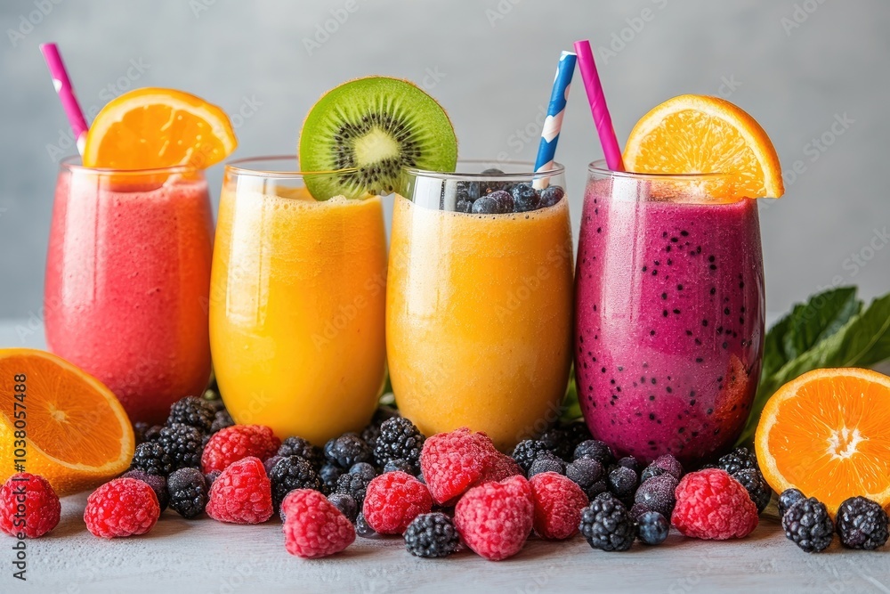 Four smoothies with fresh berries, kiwi and orange slices on table Four smoothies with fresh berries, kiwi and orange slices on table