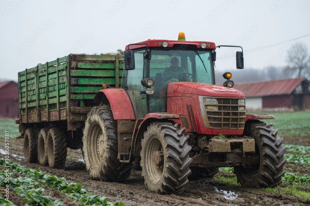 Farmer driving red tractor with loaded green trailer in muddy field Farmer driving red tractor with loaded green trailer in muddy field