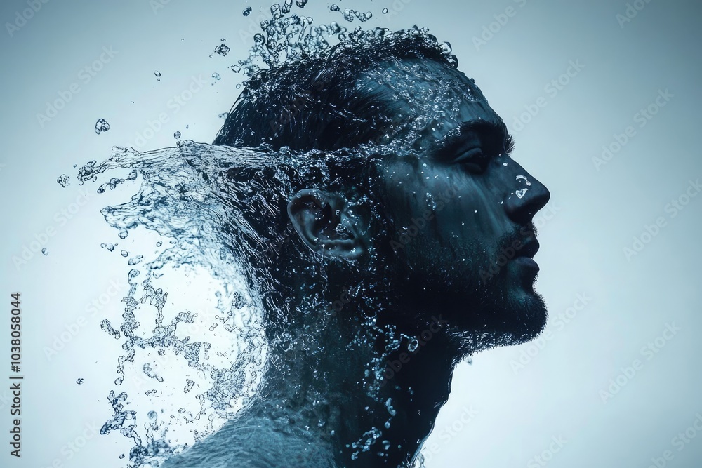 Man getting splashed with water feeling refreshed Man getting splashed with water feeling refreshed