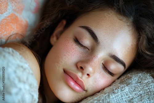 Beautiful serene woman sleeping peacefully in bed with freckles photo