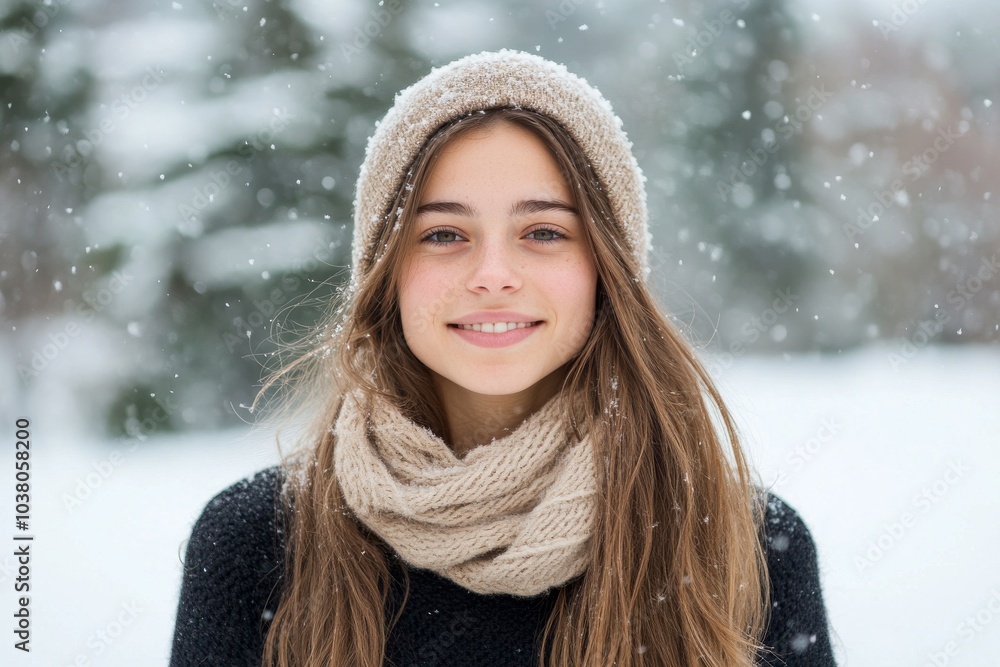 A smiling woman with beige knit hat and scarf stands in a snowy landscape, embodying the gentle serenity and simple joys of wintertime activities. A smiling woman with beige knit hat and scarf stands in a snowy landscape, embodying the gentle serenity and simple joys of wintertime activities.
