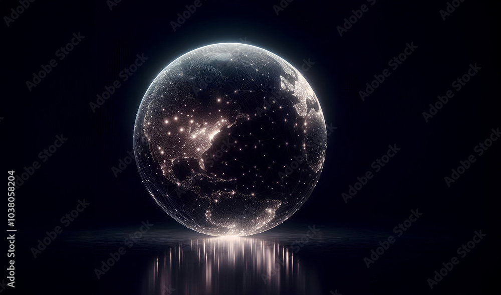 A glowing, digital globe against a backdrop of a bustling cityscape at night. A glowing, digital globe against a backdrop of a bustling cityscape at night.