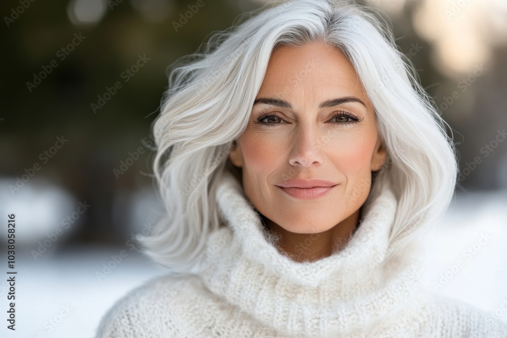 An elderly woman with a warm smile stands against a snowy background, showcasing her beautiful white hair and wearing a cozy white sweater, embodying serene elegance. An elderly woman with a warm smile stands against a snowy background, showcasing her beautiful white hair and wearing a cozy white sweater, embodying serene elegance.