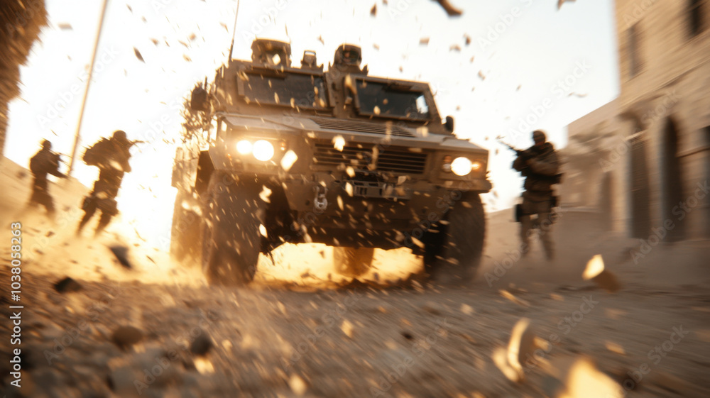 modern armored vehicle cutting through dusty war zone, surrounded by soldiers in action. scene captures intensity and chaos of military operations, with dust and debris flying modern armored vehicle cutting through dusty war zone, surrounded by soldiers in action. scene captures intensity and chaos of military operations, with dust and debris flying