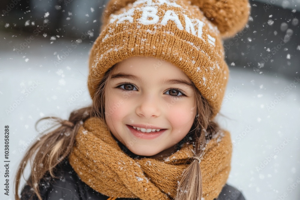A young girl wears a knitted hat and scarf, smiling sweetly as snow falls gently around her, capturing innocence, warmth, and the magic of youth in winter. A young girl wears a knitted hat and scarf, smiling sweetly as snow falls gently around her, capturing innocence, warmth, and the magic of youth in winter.