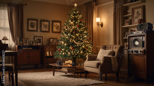 Cozy 1940s Living Room with Vintage Christmas Tree