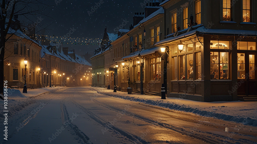 Fototapeta premium Serene Snowy Night in a Charming Village