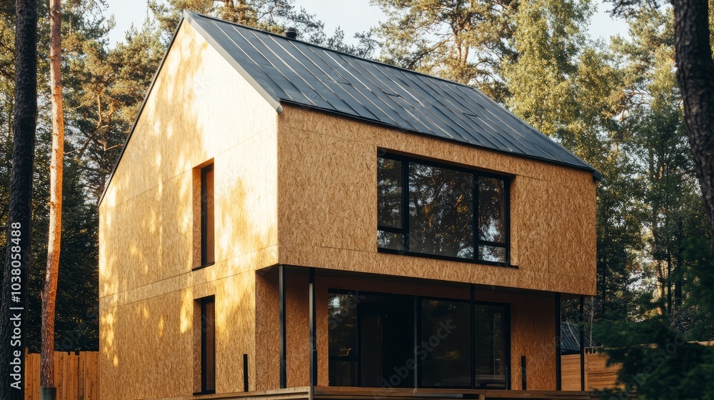 Obraz premium A modern house built from SIP panels with OSB exterior walls, featuring a simple two-pitched roof.