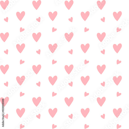 A seamless pattern of soft pink hearts on a white background, crafted in a minimalist style for children's textiles. Ideal for baby clothes, bedding, and decor.