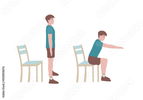 Exercises that can be done at-home using a sturdy chair.
Extend arms in front and level with the shoulders. Slowing bending at the hips and lower down to sit on the chair. with Chair Squats posture. 