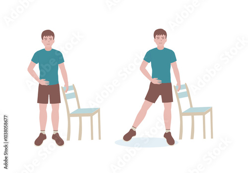 Exercises that can be done at-home using a sturdy chair.
Stand adjacent to a chair  Lift one leg and keep the other and hold it in that position for 5-10 seconds with Side Leg Raise. Cartoon style.