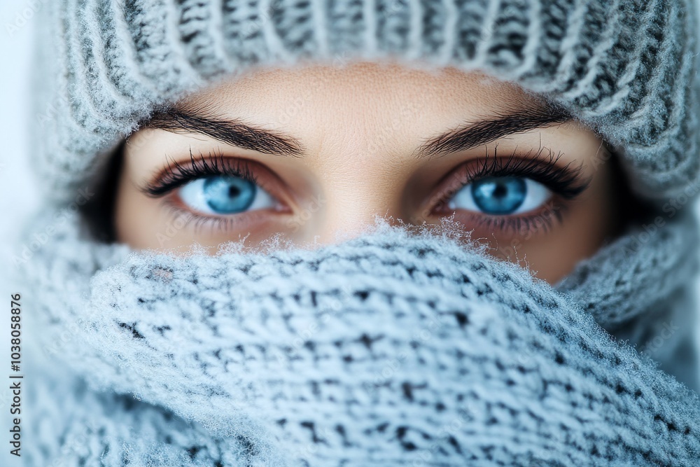A striking close-up of a person sporting blue eyes, wrapped in cozy knitwear, highlighting the contrast between the bright eyes and soft winter textures. A striking close-up of a person sporting blue eyes, wrapped in cozy knitwear, highlighting the contrast between the bright eyes and soft winter textures.