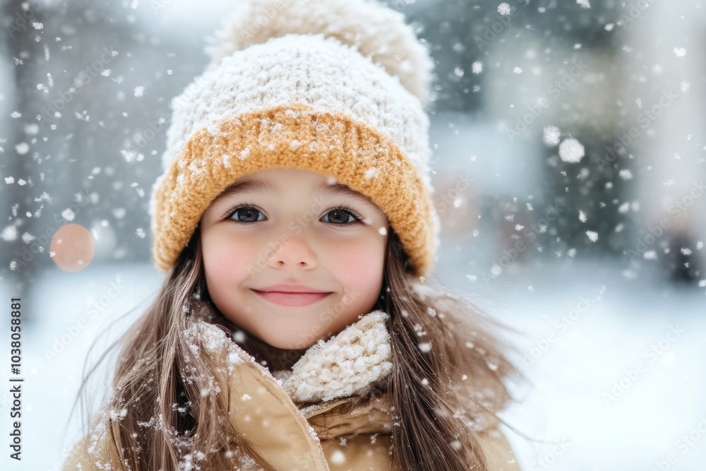 A young girl beams with happiness, wearing a cozy knit hat and coat, as gentle snowflakes fall around her, creating a magical and wintry atmosphere. A young girl beams with happiness, wearing a cozy knit hat and coat, as gentle snowflakes fall around her, creating a magical and wintry atmosphere.