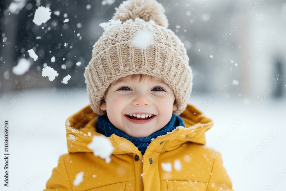 A cheerful child wearing a yellow jacket and brown knitted hat, smiling broadly with snowflakes falling around on a winter day in a snowy setting. A cheerful child wearing a yellow jacket and brown knitted hat, smiling broadly with snowflakes falling around on a winter day in a snowy setting.