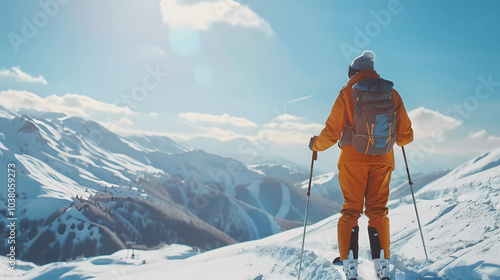 Sport man skiing down on snow fields with snow mountain background.
