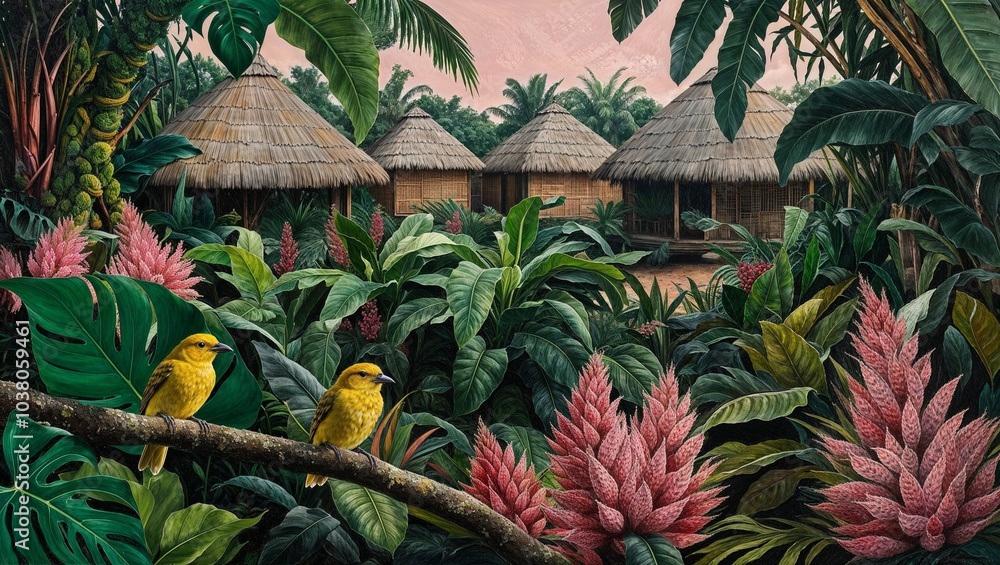 Obraz premium dense jungle scene with vibrant foliage, including large leaves and clusters of pink and green plants. In the foreground, two yellow birds are perched on a branch, adding a touch of life to the scene.