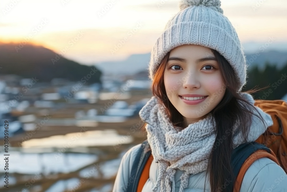 A young woman dons a warm knit hat and scarf, standing before a scenic landscape, enjoying the beauty and tranquility of a snowy sunset moment. A young woman dons a warm knit hat and scarf, standing before a scenic landscape, enjoying the beauty and tranquility of a snowy sunset moment.