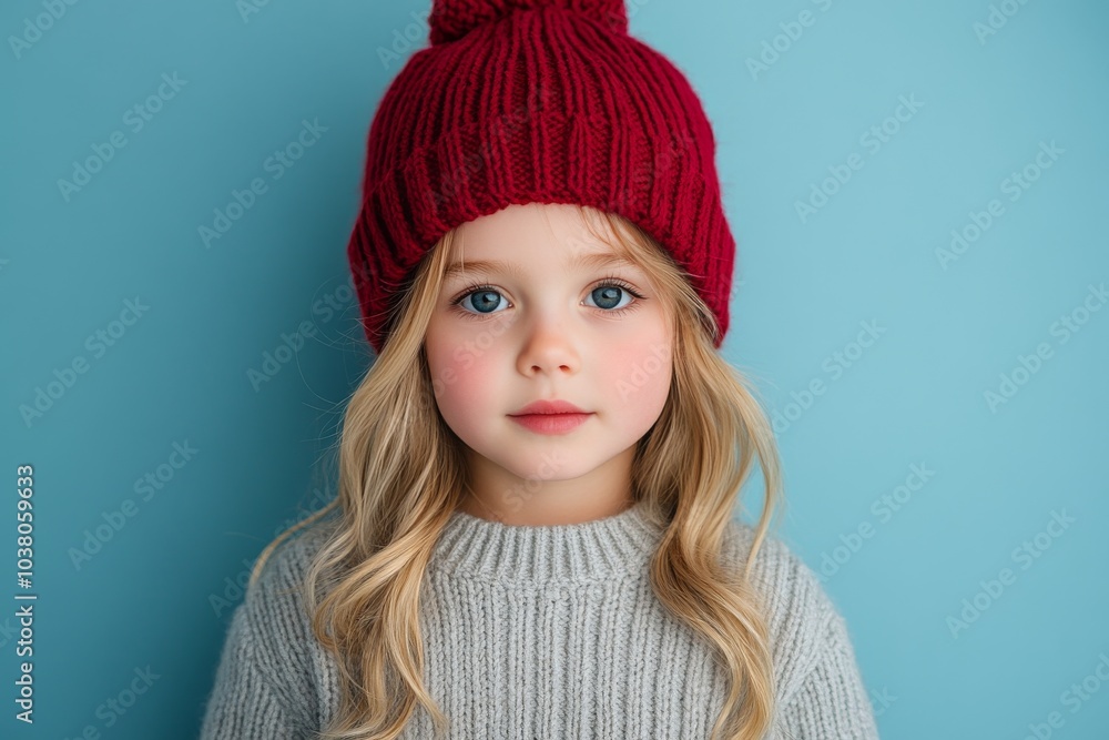 Close-up portrait of a blond-haired girl with blue eyes wearing a red beanie and a gray sweater inside. The image expresses comfort and purity of childhood. Close-up portrait of a blond-haired girl with blue eyes wearing a red beanie and a gray sweater inside. The image expresses comfort and purity of childhood.