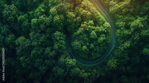 Aerial View of a Winding Road Through a Lush Forest