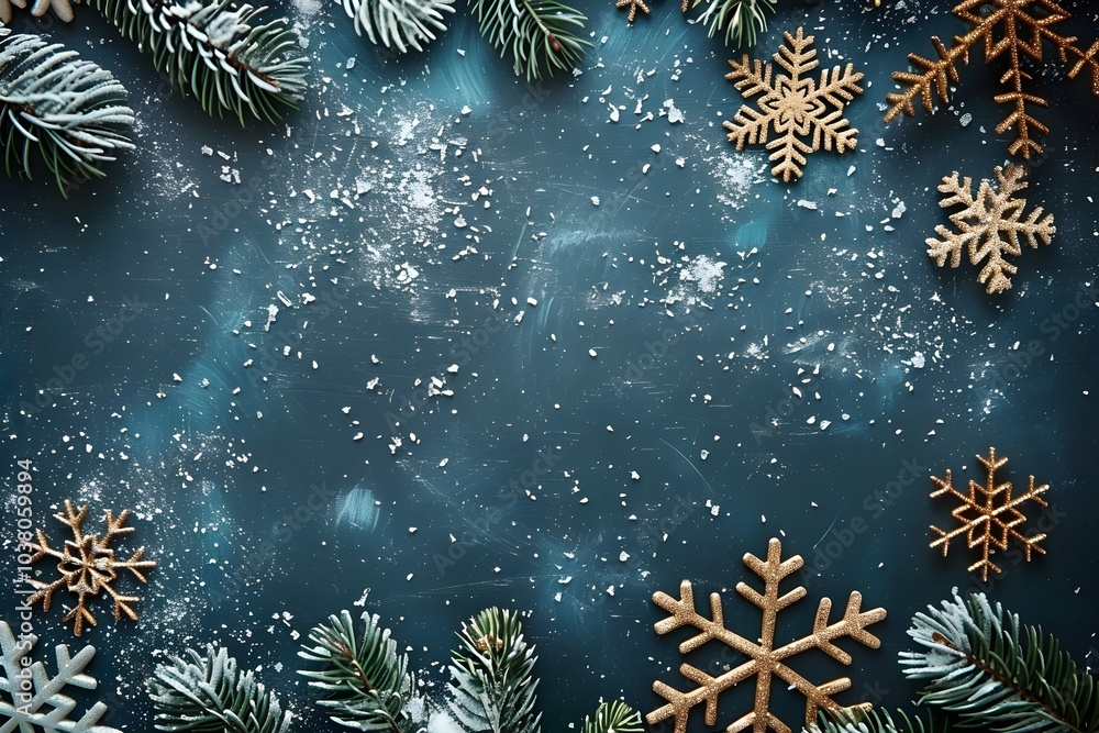A blue background with snowflakes and pine branches A blue background with snowflakes and pine branches
