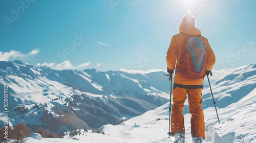 Sport man skiing down on snow fields with snow mountain background.