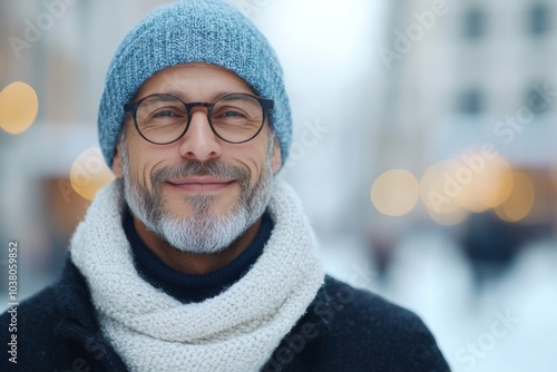 A mature man with a blue beanie and glasses is smiling warmly against a blurred winter cityscape, dressed in a cozy scarf and coat, exuding warmth and happiness.