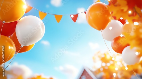 Colorful balloons and festive decorations under a bright autumn sky.