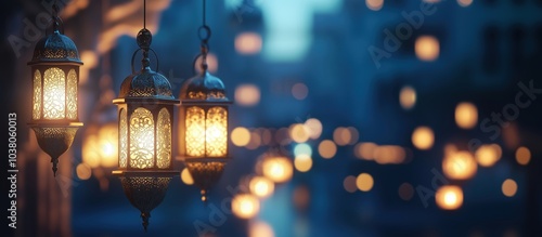 Decorative lanterns glowing softly, intricate designs, evening ambiance