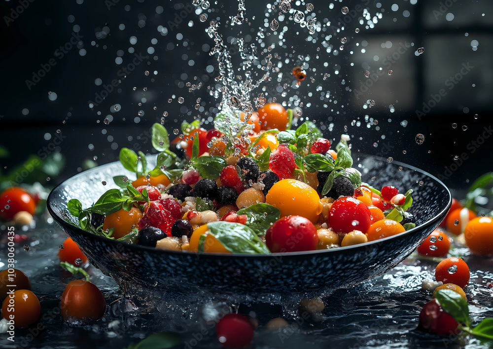 A colorful salad with cherry tomatoes, blackberries, and feta cheese in an elegant bowl, being splashed by water droplets A colorful salad with cherry tomatoes, blackberries, and feta cheese in an elegant bowl, being splashed by water droplets