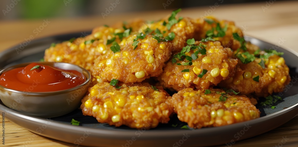 A plate of crispy corn fritters served with ketchup and garnished with herbs. A plate of crispy corn fritters served with ketchup and garnished with herbs.
