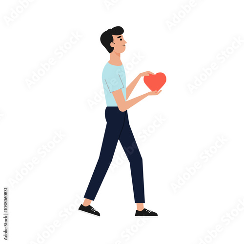 young man holding heart in hand vector illustration eps