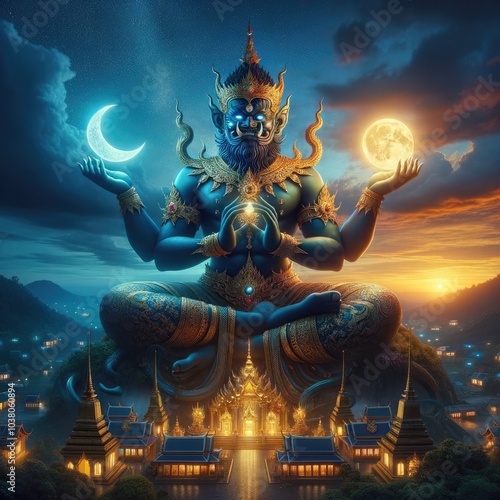Cosmic Deity of Balance: A Majestic Demon God Holding the Sun and Moon, Towering Above a Serene Village at Twilight, Symbolizing Harmony Between Night and Day