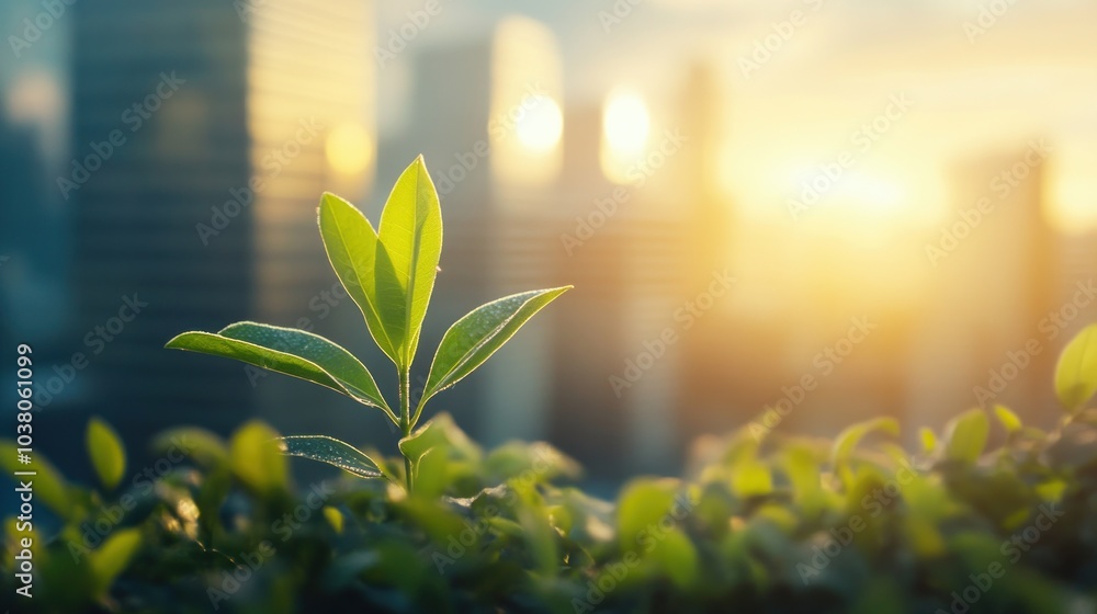 A young plant grows amidst a cityscape at sunset, symbolizing nature's resilience. A young plant grows amidst a cityscape at sunset, symbolizing nature's resilience.